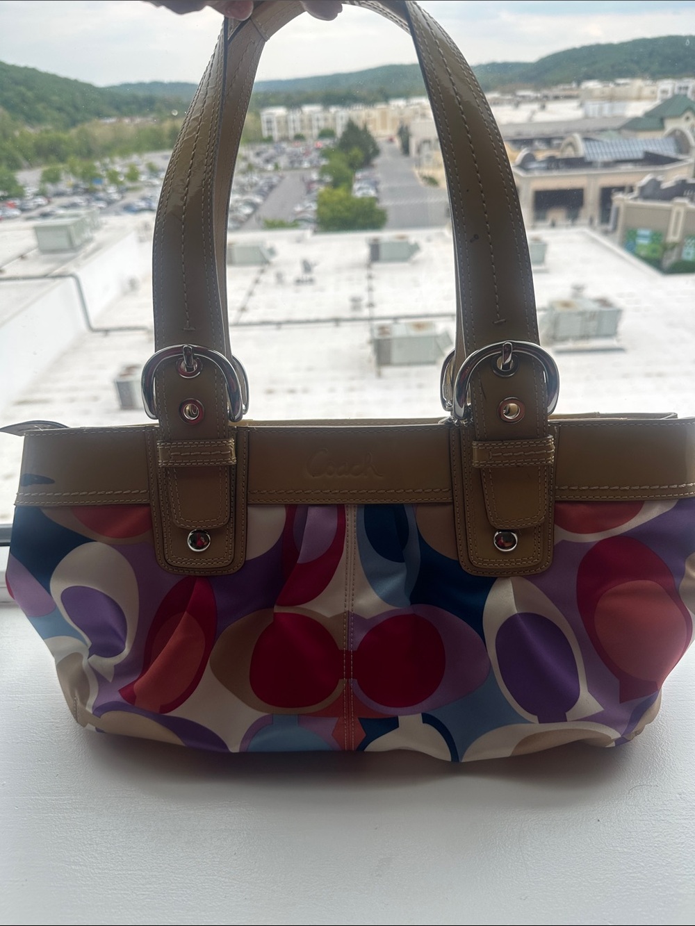 Coach Multicolor Signature Shoulder Bag with Tan Leather Trim